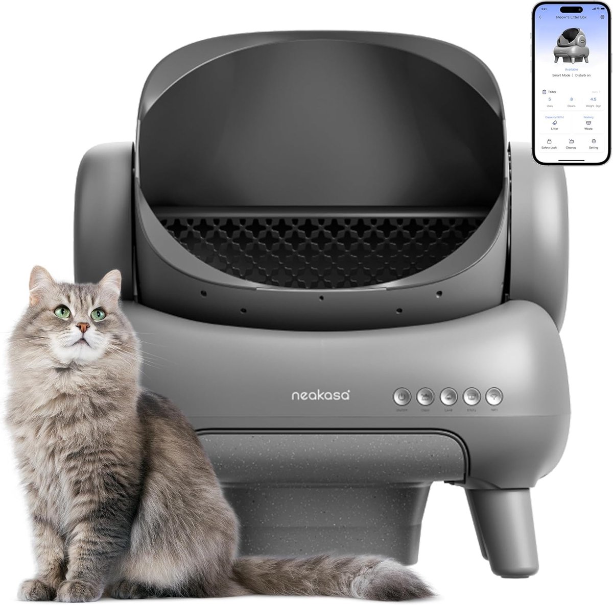 Neakasa M1 Zelfreinigende Kattenbak XXL – Automatische Kattenbak met App – Boven Open – Geurvrij & Hygiënisch – Voor Meerdere Katten – Inclusief Kattenbakmat – Grote Inhoud – Slimme Kattenbak - met App - Grijs