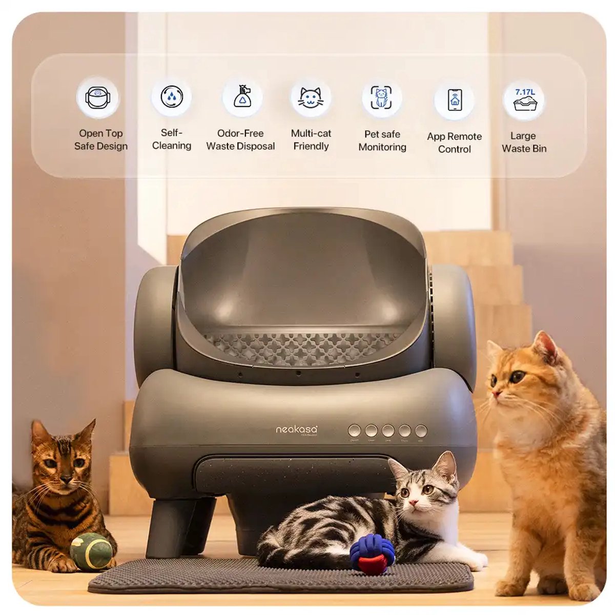 Miniatuur van productfoto 14 van Neakasa M1 Zelfreinigende Kattenbak XXL – Automatische Kattenbak met App – Boven Open – Geurvrij & Hygiënisch – Voor Meerdere Katten – Inclusief Kattenbakmat – Grote Inhoud – Slimme Kattenbak - met App - Grijs