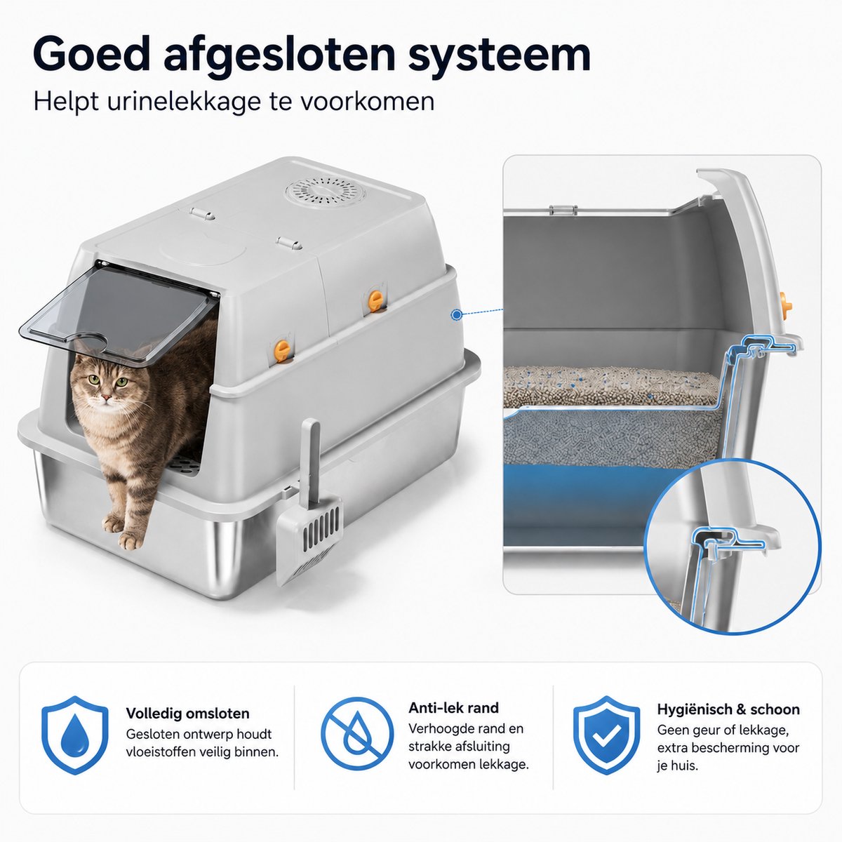 Miniatuur van productfoto 2 van YYchan RVS Kattenbak XL - Kattentoilet Roestvrijstaal - Formaat met 60x40x45cm- Geschikt voor 1-2 Grote Katten tot 15kg - Duurzaam Metaal voor Grote Katten & Kittens - Hygiënisch & Geurvrij - Inclusief Schep - Donker Grijs
