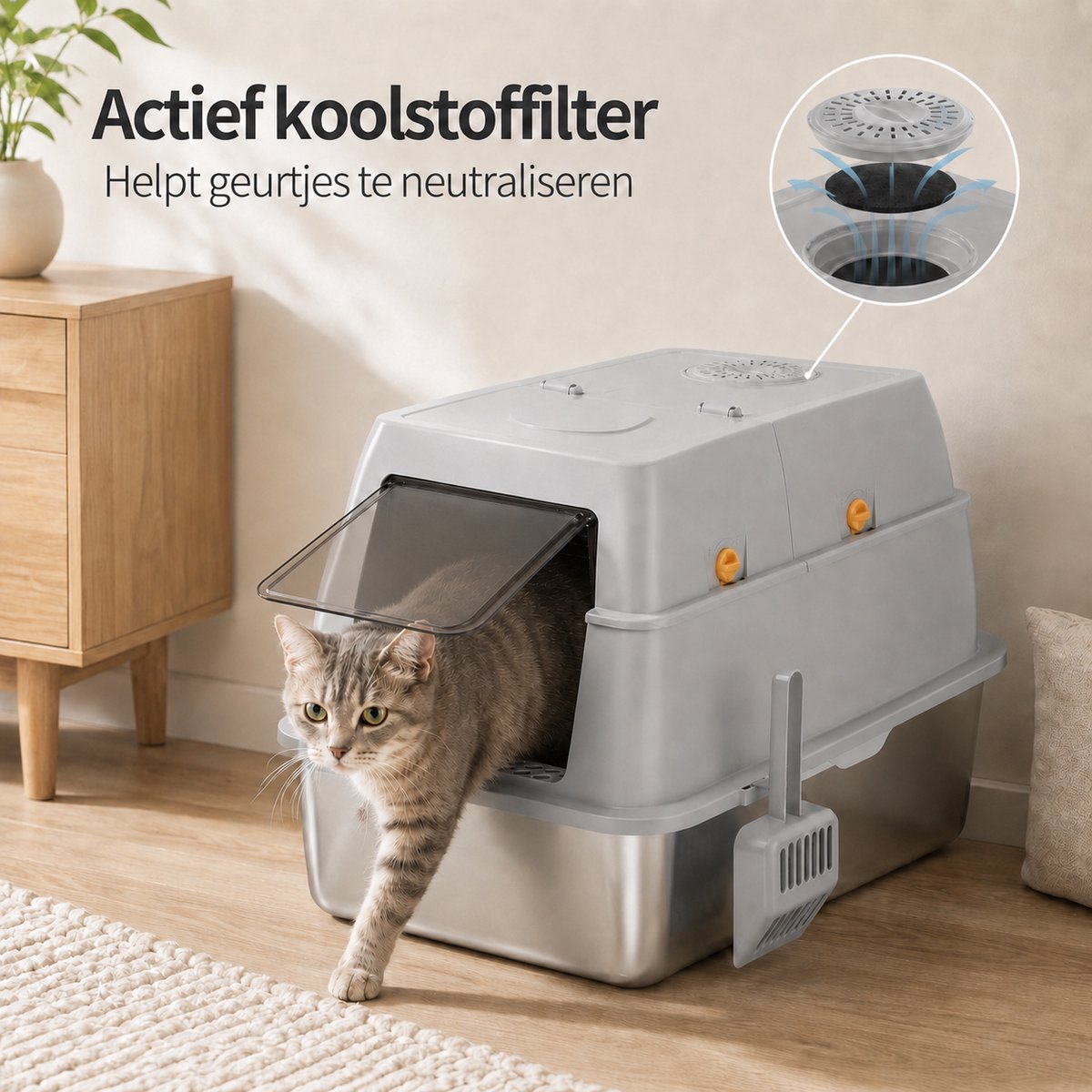 Miniatuur van productfoto 3 van YYchan RVS Kattenbak XL - Kattentoilet Roestvrijstaal - Formaat met 60x40x45cm- Geschikt voor 1-2 Grote Katten tot 15kg - Duurzaam Metaal voor Grote Katten & Kittens - Hygiënisch & Geurvrij - Inclusief Schep - Donker Grijs
