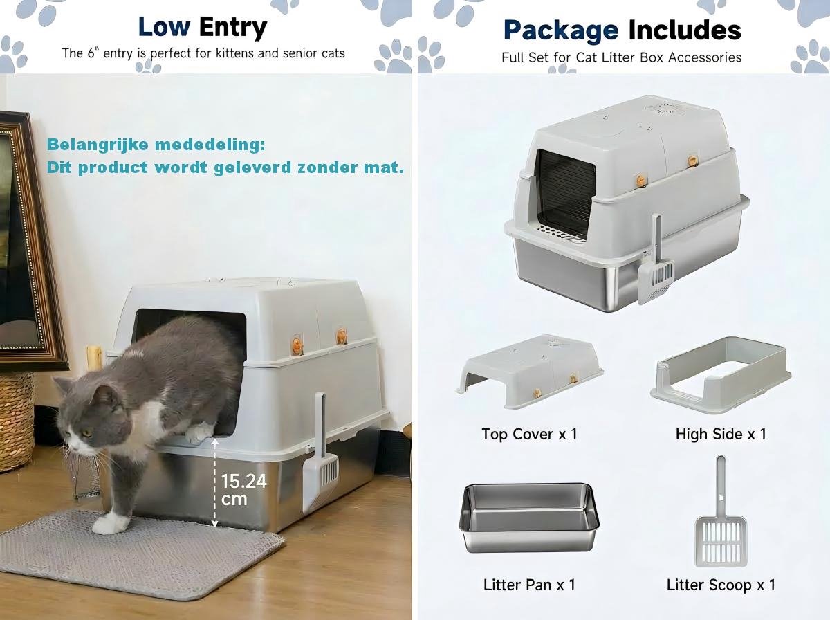 Miniatuur van productfoto 3 van YYchan RVS Kattenbak XL - Kattentoilet Roestvrijstaal - Formaat met 60x40x45cm- Geschikt voor 1-2 Grote Katten tot 15kg - Duurzaam Metaal voor Grote Katten & Kittens - Hygiënisch & Geurvrij - Inclusief Schep - Licht Grijs