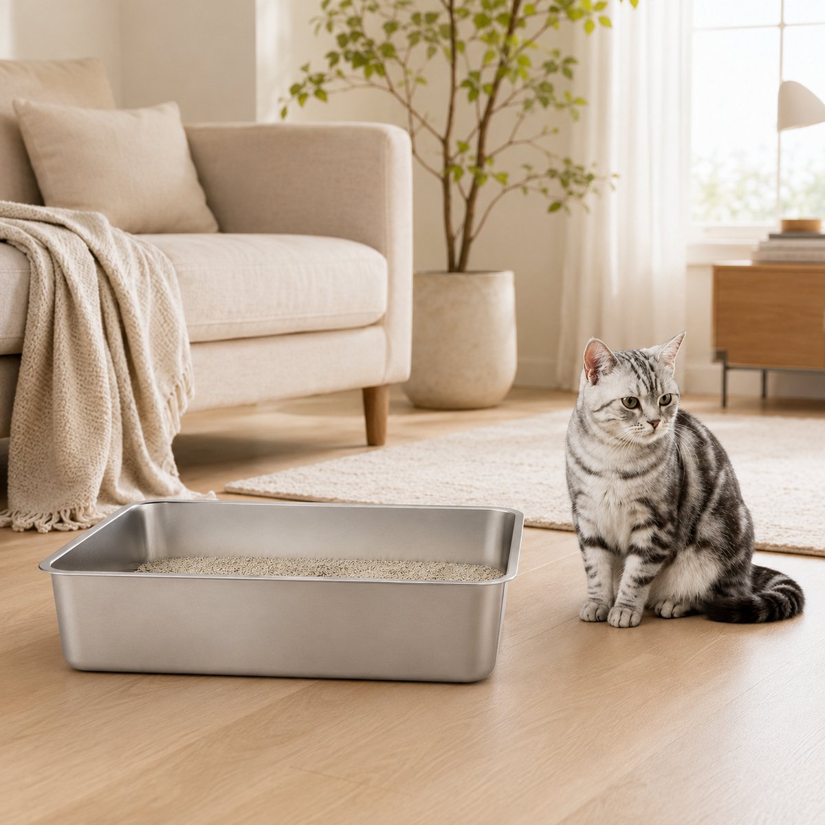 Miniatuur van productfoto 2 van YYCHAN RVS Kattenbak - Groot Open Kattentoilet - XXL - 60x40x15cm - Inclusief Siliconen Anti-slip - Hygiënisch & Anti-geur - XXL
