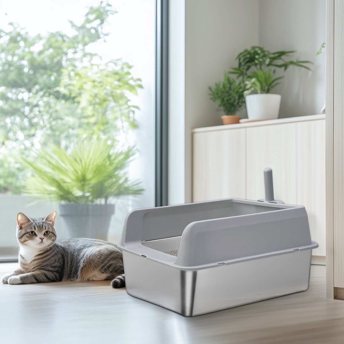 Miniatuur van productfoto 10 van BingoPaw Premium RVS Kattenbak - Kattentoilet Roestvrijstaal - Open Kattenbak met Hoge Rand & Kattenschep- Groot (60x40x28cm) - Grijs - Voor Kittens & Katten tot 6kg
