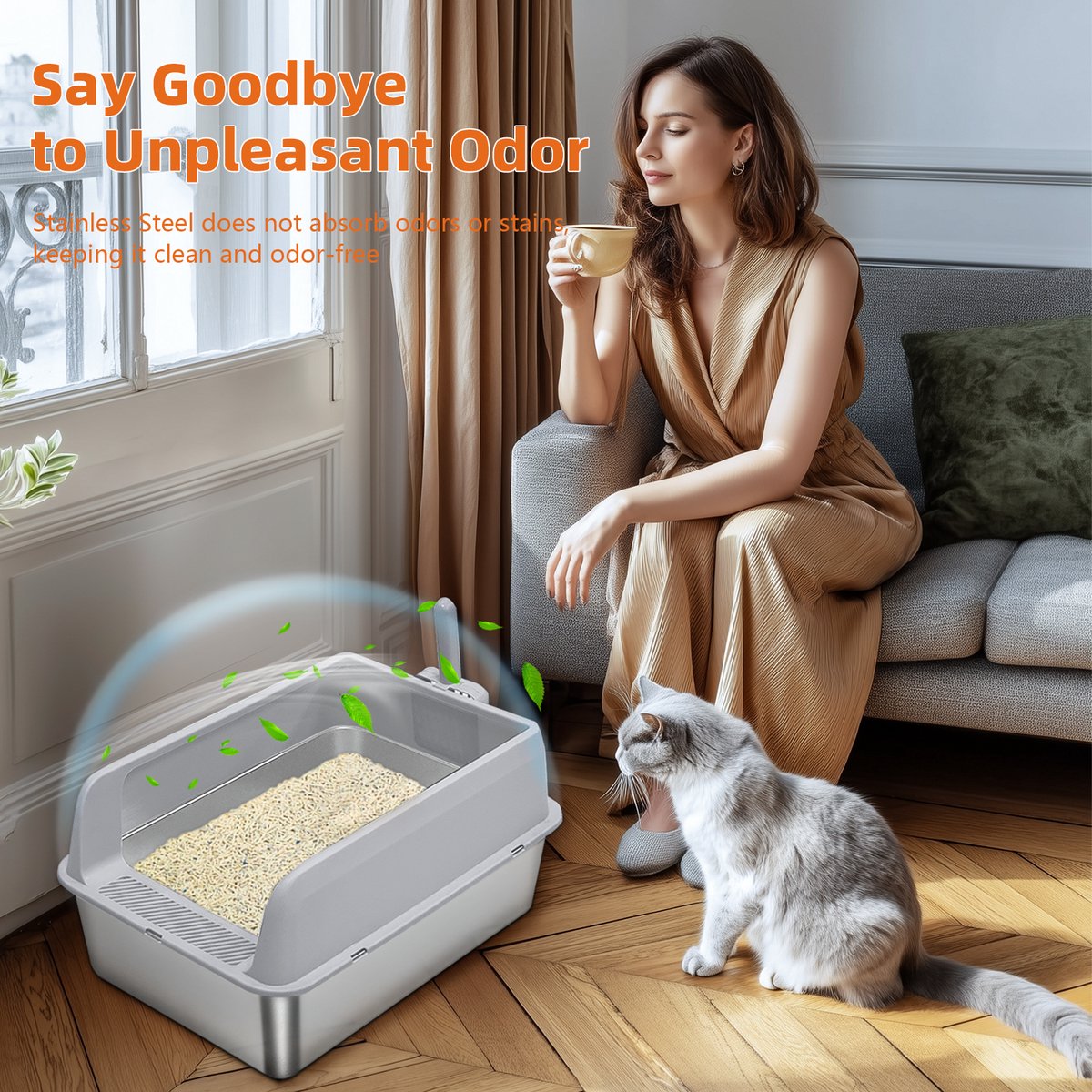Miniatuur van productfoto 12 van BingoPaw Premium RVS Kattenbak - Kattentoilet Roestvrijstaal - Open Kattenbak met Hoge Rand & Kattenschep- Groot (60x40x28cm) - Grijs - Voor Kittens & Katten tot 6kg