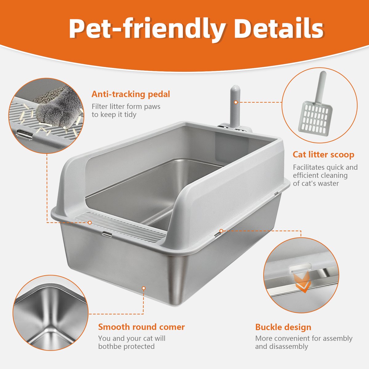 Miniatuur van productfoto 2 van BingoPaw Premium RVS Kattenbak - Kattentoilet Roestvrijstaal - Open Kattenbak met Hoge Rand & Kattenschep- Groot (60x40x28cm) - Grijs - Voor Kittens & Katten tot 6kg