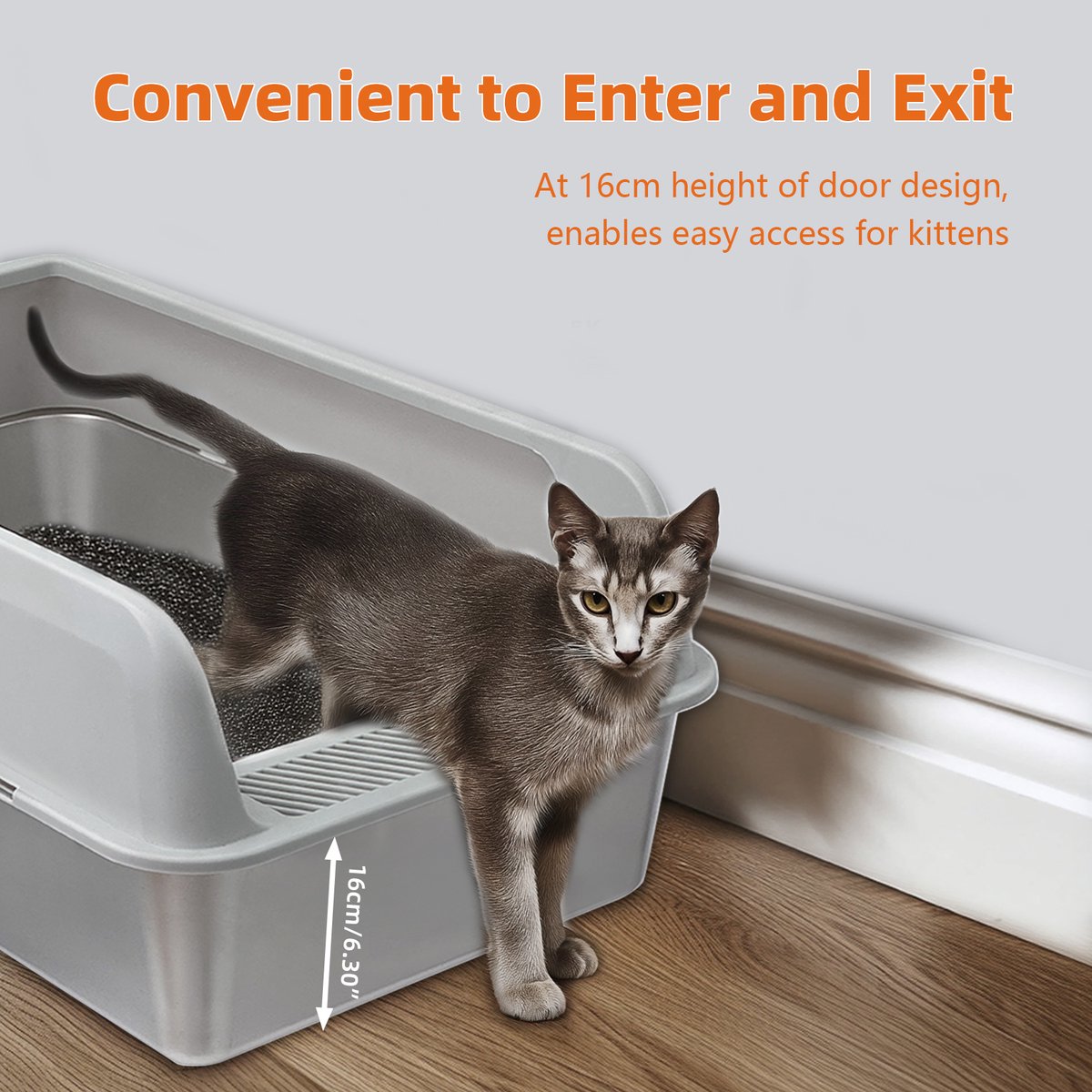 Miniatuur van productfoto 3 van BingoPaw Premium RVS Kattenbak - Kattentoilet Roestvrijstaal - Open Kattenbak met Hoge Rand & Kattenschep- Groot (60x40x28cm) - Grijs - Voor Kittens & Katten tot 6kg