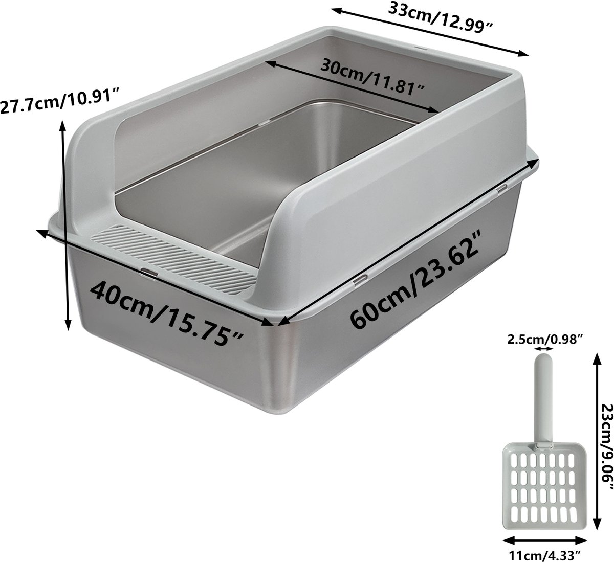 Miniatuur van productfoto 4 van BingoPaw Premium RVS Kattenbak - Kattentoilet Roestvrijstaal - Open Kattenbak met Hoge Rand & Kattenschep- Groot (60x40x28cm) - Grijs - Voor Kittens & Katten tot 6kg