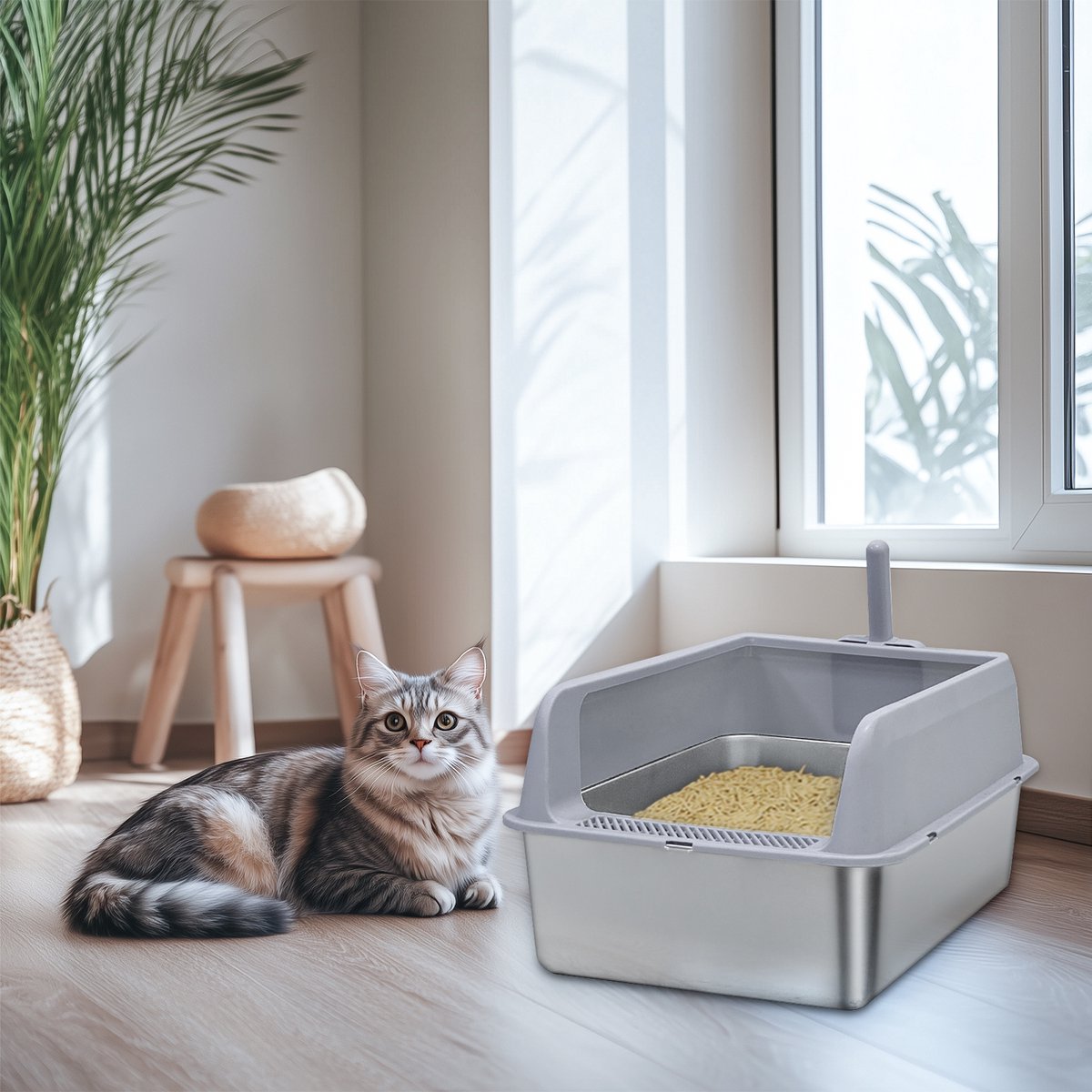 Miniatuur van productfoto 5 van BingoPaw Premium RVS Kattenbak - Kattentoilet Roestvrijstaal - Open Kattenbak met Hoge Rand & Kattenschep- Groot (60x40x28cm) - Grijs - Voor Kittens & Katten tot 6kg