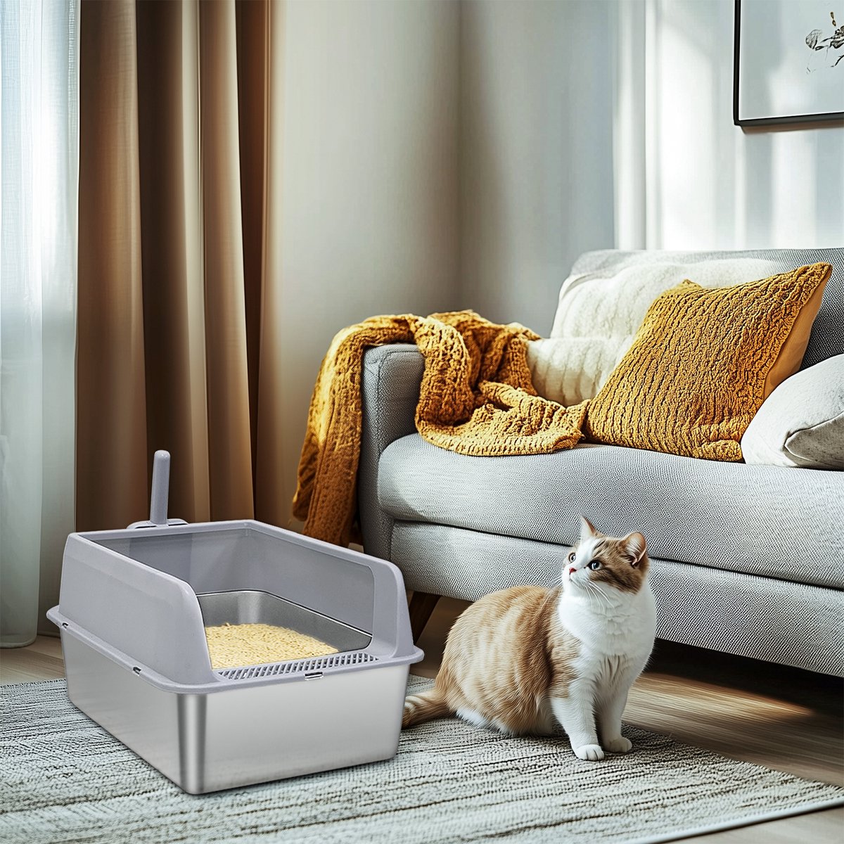 Miniatuur van productfoto 6 van BingoPaw Premium RVS Kattenbak - Kattentoilet Roestvrijstaal - Open Kattenbak met Hoge Rand & Kattenschep- Groot (60x40x28cm) - Grijs - Voor Kittens & Katten tot 6kg