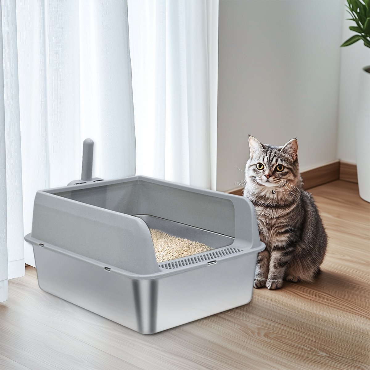 Miniatuur van productfoto 7 van BingoPaw Premium RVS Kattenbak - Kattentoilet Roestvrijstaal - Open Kattenbak met Hoge Rand & Kattenschep- Groot (60x40x28cm) - Grijs - Voor Kittens & Katten tot 6kg