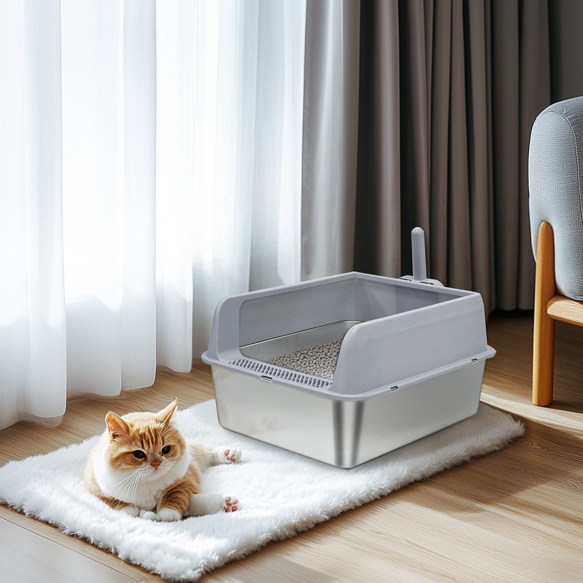 Miniatuur van productfoto 8 van BingoPaw Premium RVS Kattenbak - Kattentoilet Roestvrijstaal - Open Kattenbak met Hoge Rand & Kattenschep- Groot (60x40x28cm) - Grijs - Voor Kittens & Katten tot 6kg