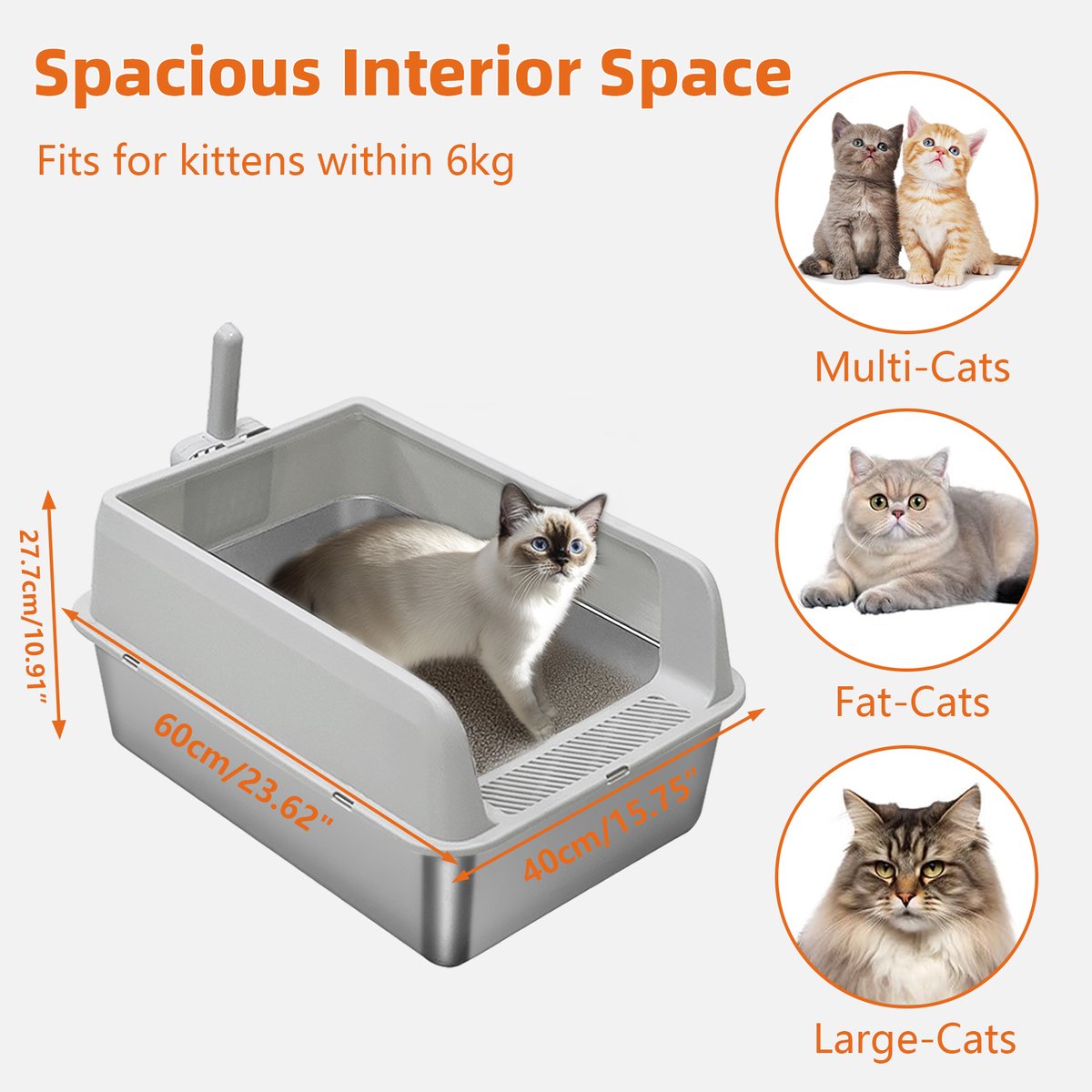 Miniatuur van productfoto 9 van BingoPaw Premium RVS Kattenbak - Kattentoilet Roestvrijstaal - Open Kattenbak met Hoge Rand & Kattenschep- Groot (60x40x28cm) - Grijs - Voor Kittens & Katten tot 6kg