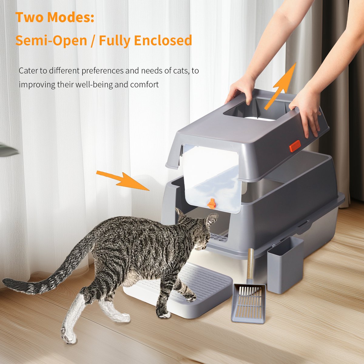 Miniatuur van productfoto 2 van Bingopaw RVS Kattenbak XL - 65L - Geurdicht & Hygiënisch - Inclusief Gritmat & Schep - Voor Grote Katten & Multi-kat Huishoudens