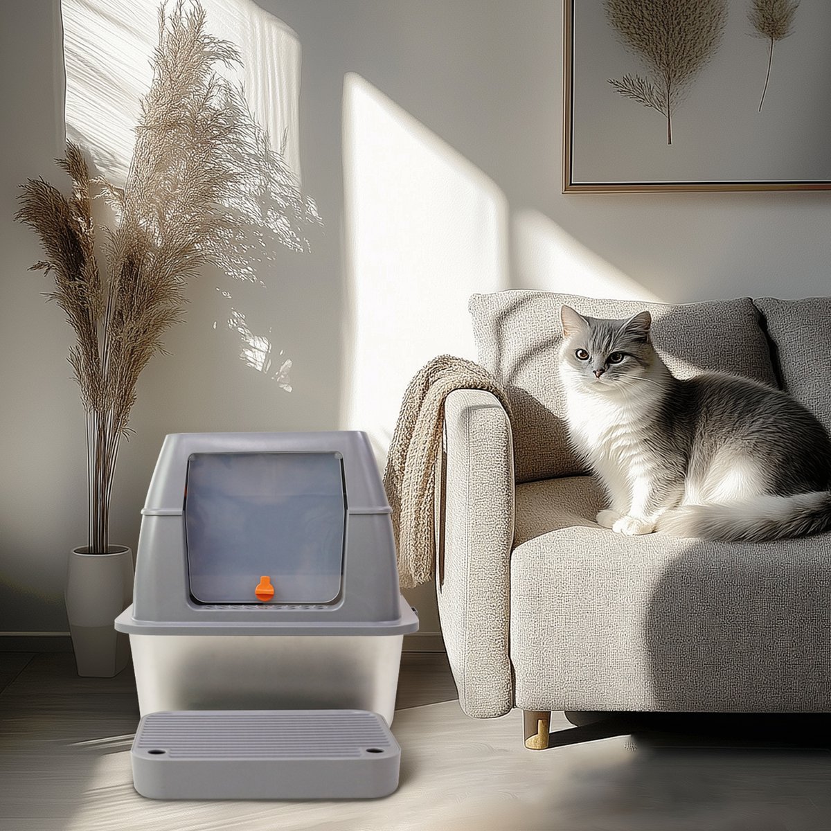 Miniatuur van productfoto 3 van Bingopaw RVS Kattenbak XL - 65L - Geurdicht & Hygiënisch - Inclusief Gritmat & Schep - Voor Grote Katten & Multi-kat Huishoudens