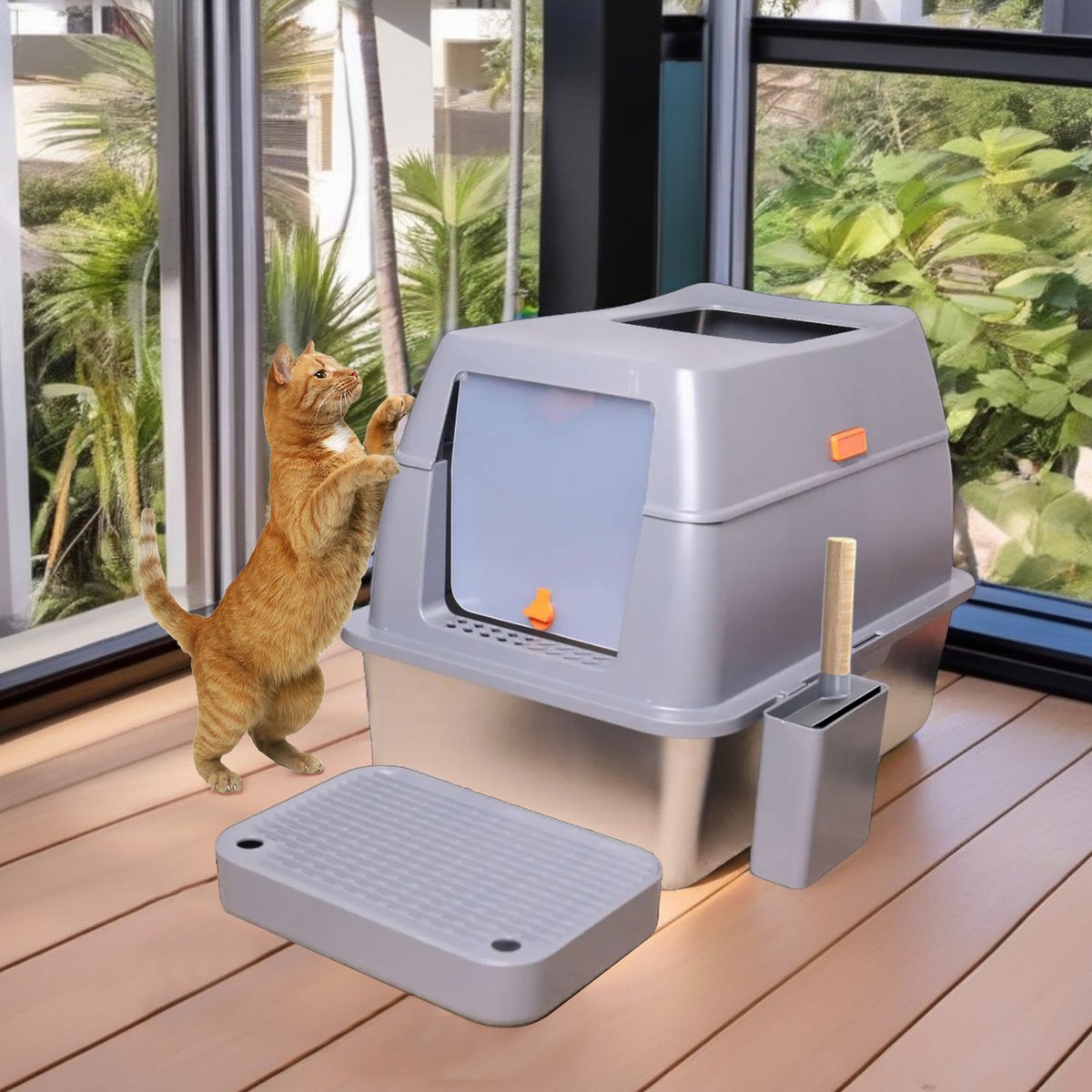 Miniatuur van productfoto 4 van Bingopaw RVS Kattenbak XL - 65L - Geurdicht & Hygiënisch - Inclusief Gritmat & Schep - Voor Grote Katten & Multi-kat Huishoudens