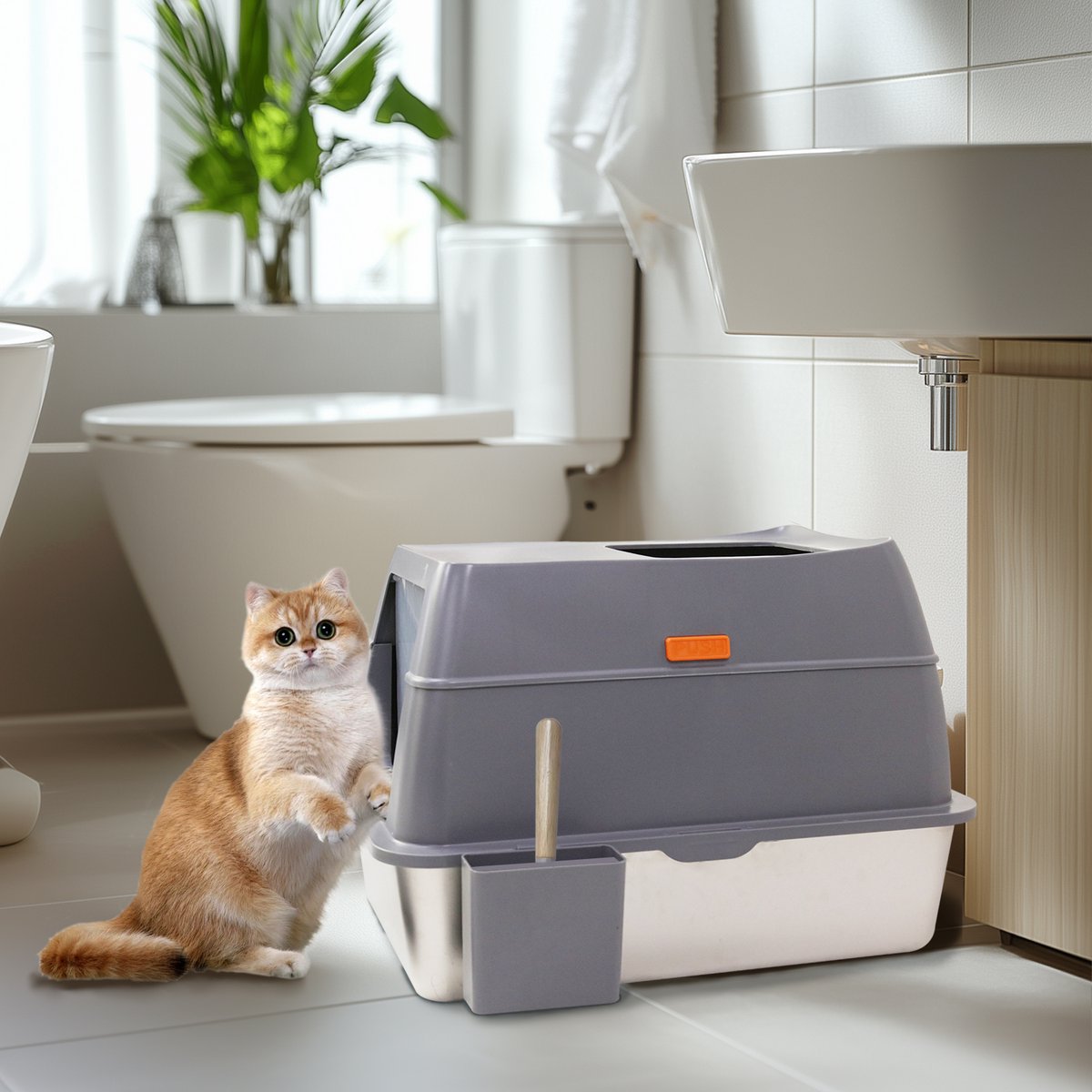 Miniatuur van productfoto 5 van Bingopaw RVS Kattenbak XL - 65L - Geurdicht & Hygiënisch - Inclusief Gritmat & Schep - Voor Grote Katten & Multi-kat Huishoudens