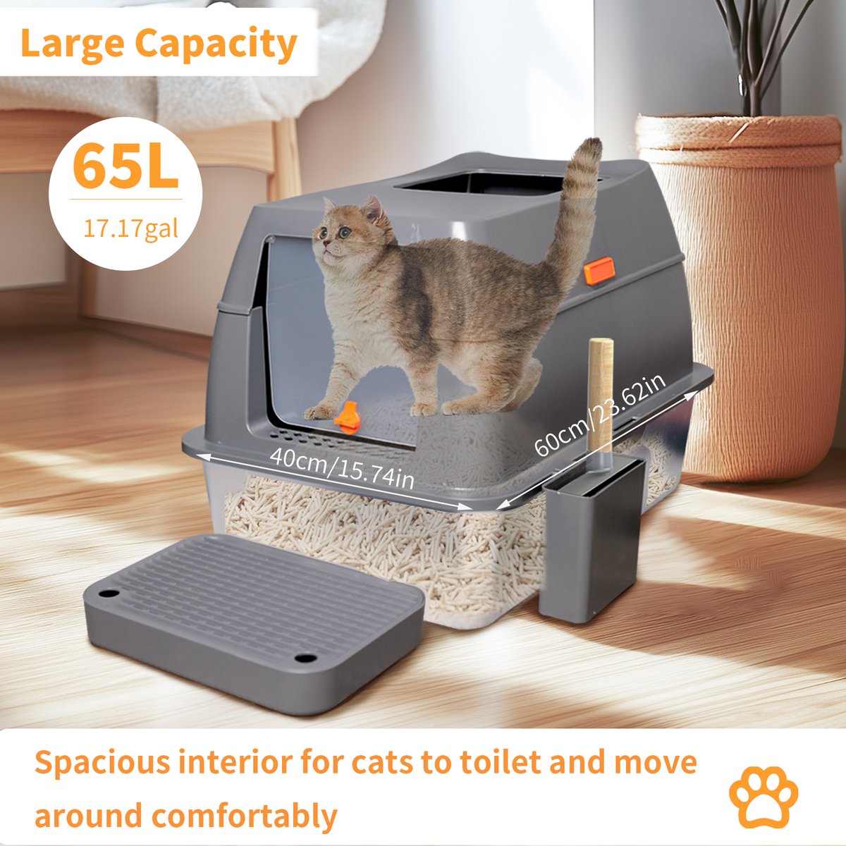 Miniatuur van productfoto 6 van Bingopaw RVS Kattenbak XL - 65L - Geurdicht & Hygiënisch - Inclusief Gritmat & Schep - Voor Grote Katten & Multi-kat Huishoudens