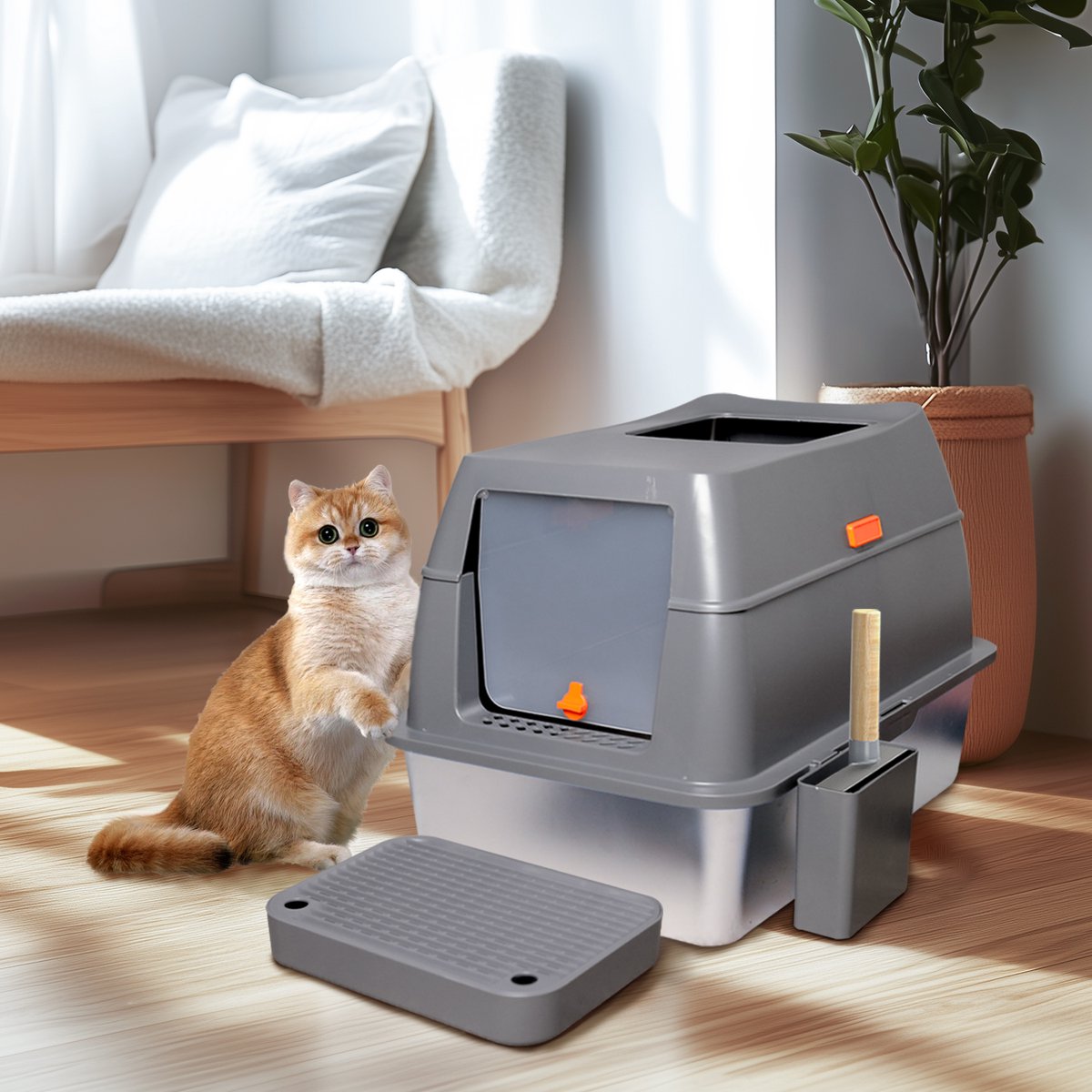 Miniatuur van productfoto 8 van Bingopaw RVS Kattenbak XL - 65L - Geurdicht & Hygiënisch - Inclusief Gritmat & Schep - Voor Grote Katten & Multi-kat Huishoudens