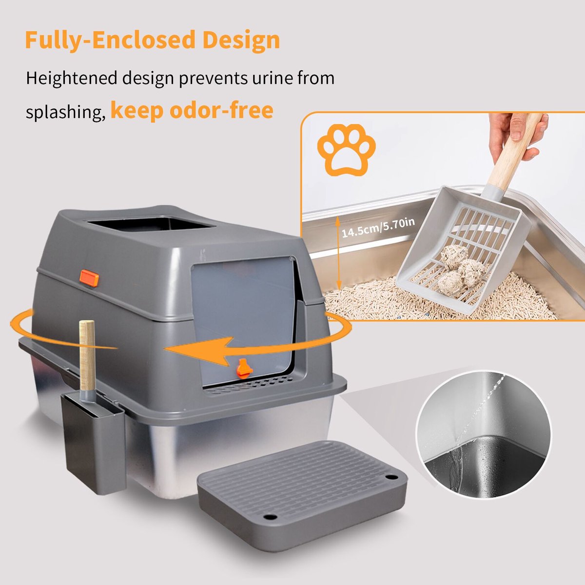 Miniatuur van productfoto 9 van Bingopaw RVS Kattenbak XL - 65L - Geurdicht & Hygiënisch - Inclusief Gritmat & Schep - Voor Grote Katten & Multi-kat Huishoudens