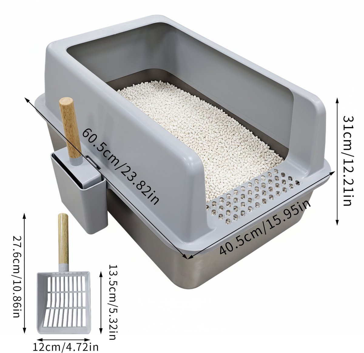 Miniatuur van productfoto 10 van BingoPaw RVS Kattenbak Luxe met Hoge Rand - 60.5x40.5x31 cm - Anti-Spat & Geurloos - Inclusief Gritmat & Eikenhouten Kattenschep - Grijs