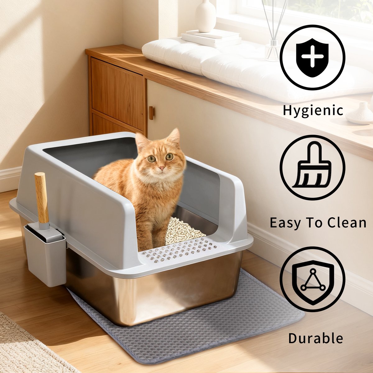 Miniatuur van productfoto 11 van BingoPaw RVS Kattenbak Luxe met Hoge Rand - 60.5x40.5x31 cm - Anti-Spat & Geurloos - Inclusief Gritmat & Eikenhouten Kattenschep - Grijs