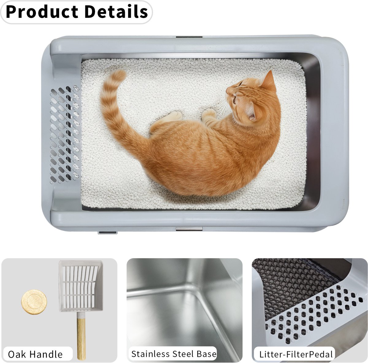 Miniatuur van productfoto 12 van BingoPaw RVS Kattenbak Luxe met Hoge Rand - 60.5x40.5x31 cm - Anti-Spat & Geurloos - Inclusief Gritmat & Eikenhouten Kattenschep - Grijs