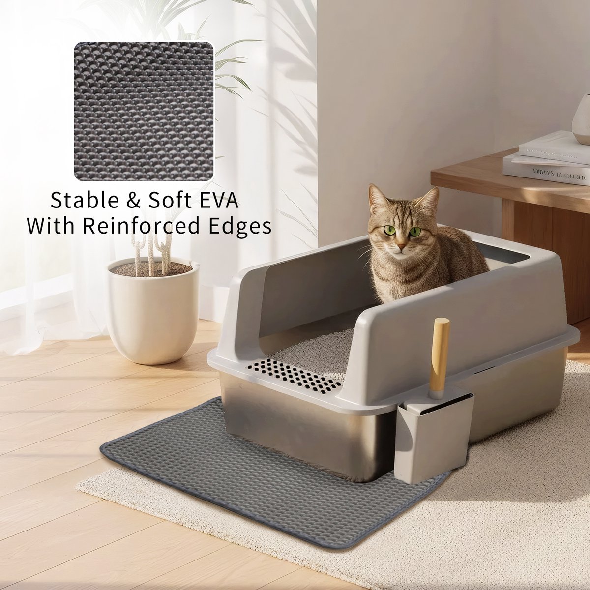 Miniatuur van productfoto 2 van BingoPaw RVS Kattenbak Luxe met Hoge Rand - 60.5x40.5x31 cm - Anti-Spat & Geurloos - Inclusief Gritmat & Eikenhouten Kattenschep - Grijs