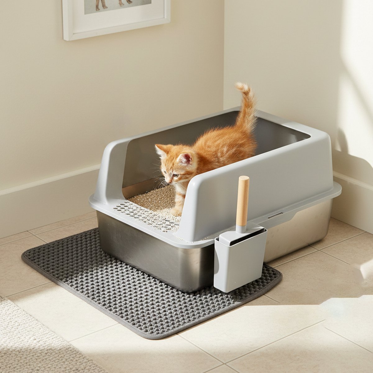 Miniatuur van productfoto 4 van BingoPaw RVS Kattenbak Luxe met Hoge Rand - 60.5x40.5x31 cm - Anti-Spat & Geurloos - Inclusief Gritmat & Eikenhouten Kattenschep - Grijs