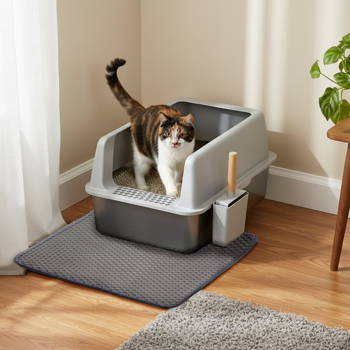 Miniatuur van productfoto 5 van BingoPaw RVS Kattenbak Luxe met Hoge Rand - 60.5x40.5x31 cm - Anti-Spat & Geurloos - Inclusief Gritmat & Eikenhouten Kattenschep - Grijs