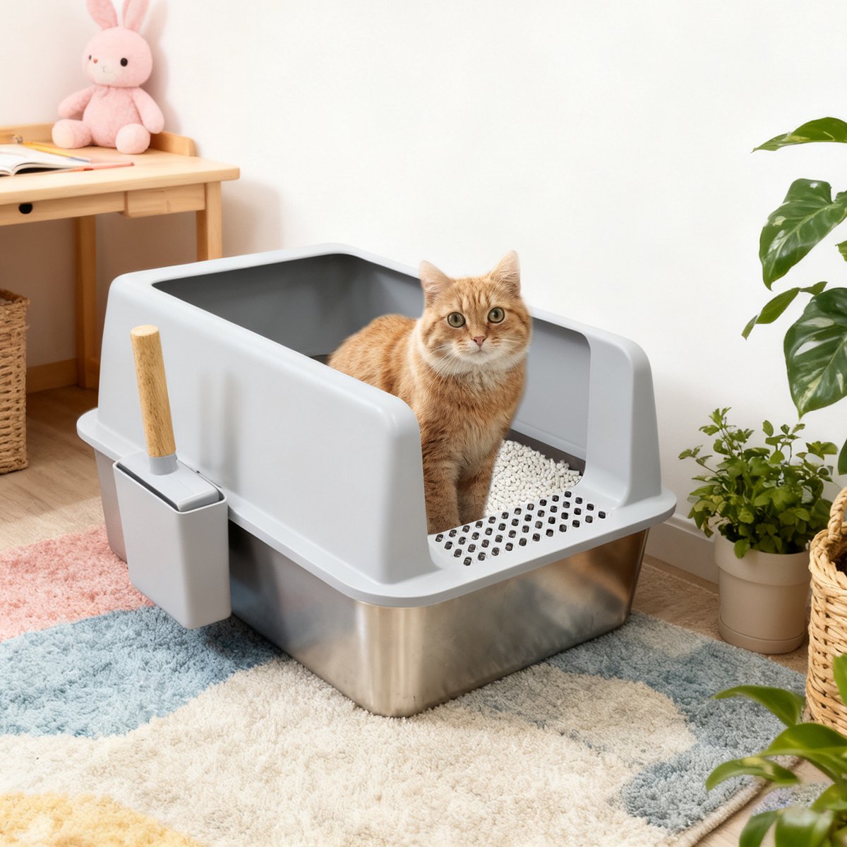 Miniatuur van productfoto 6 van BingoPaw RVS Kattenbak Luxe met Hoge Rand - 60.5x40.5x31 cm - Anti-Spat & Geurloos - Inclusief Gritmat & Eikenhouten Kattenschep - Grijs