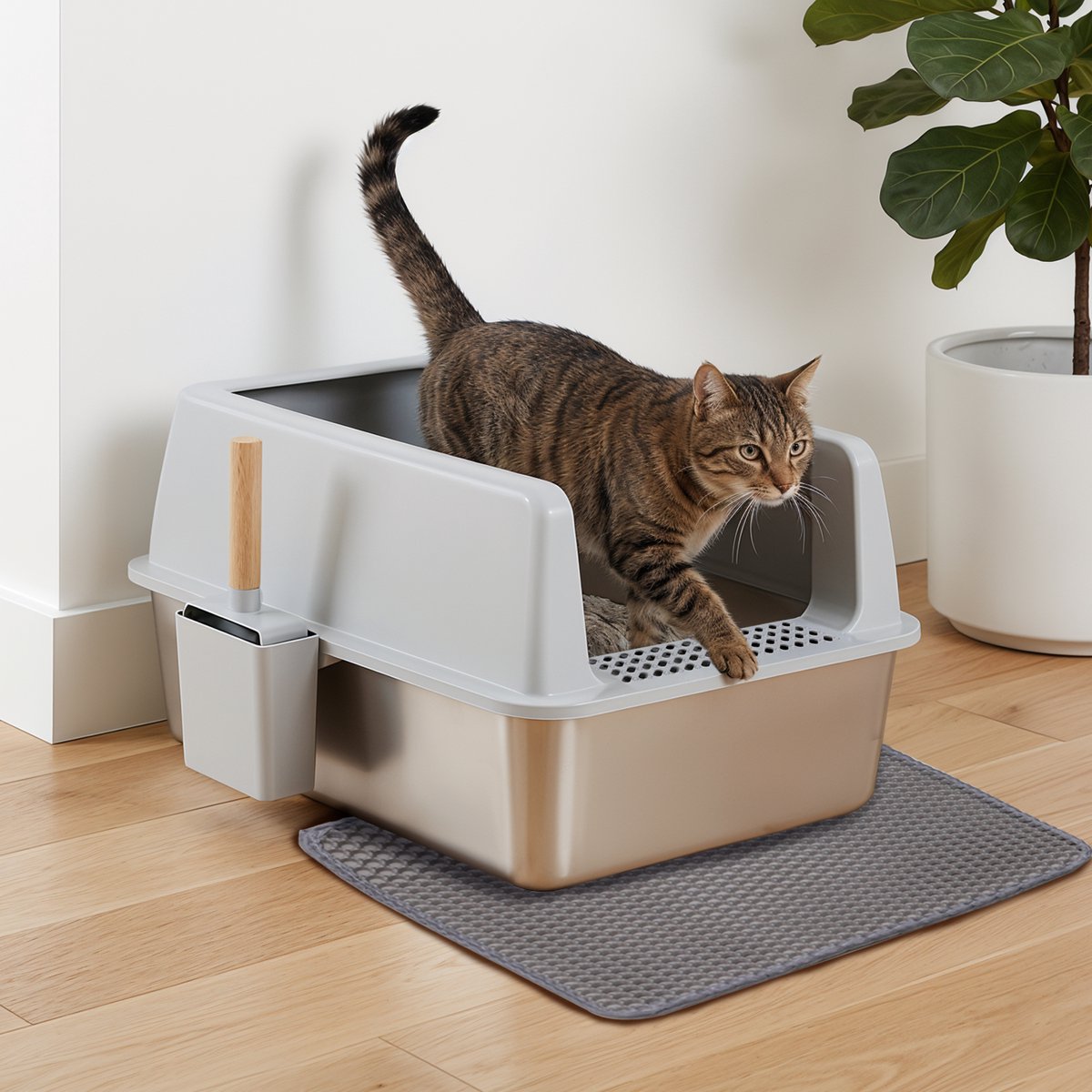 Miniatuur van productfoto 7 van BingoPaw RVS Kattenbak Luxe met Hoge Rand - 60.5x40.5x31 cm - Anti-Spat & Geurloos - Inclusief Gritmat & Eikenhouten Kattenschep - Grijs