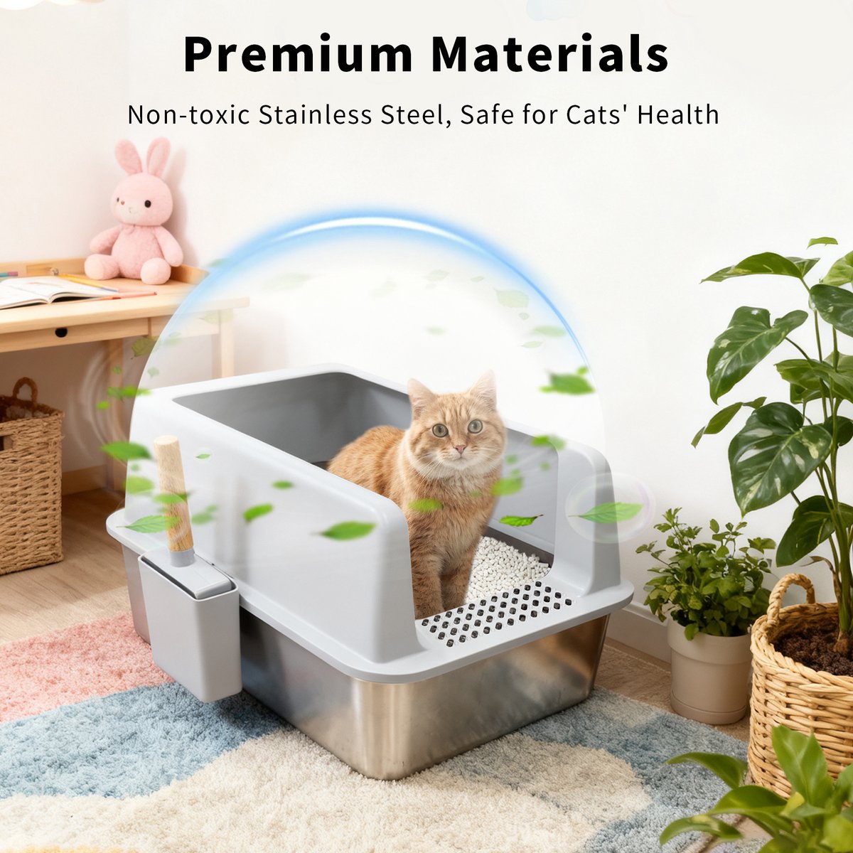 Miniatuur van productfoto 8 van BingoPaw RVS Kattenbak Luxe met Hoge Rand - 60.5x40.5x31 cm - Anti-Spat & Geurloos - Inclusief Gritmat & Eikenhouten Kattenschep - Grijs