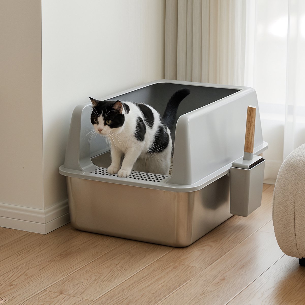 Miniatuur van productfoto 9 van BingoPaw RVS Kattenbak Luxe met Hoge Rand - 60.5x40.5x31 cm - Anti-Spat & Geurloos - Inclusief Gritmat & Eikenhouten Kattenschep - Grijs