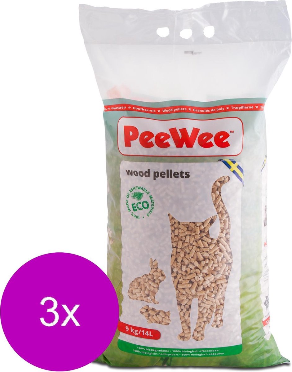 Miniatuur van productfoto 2 van Peewee Kattenbakvulling - Houtkorrels - 3 x 9 kg - 42 L
