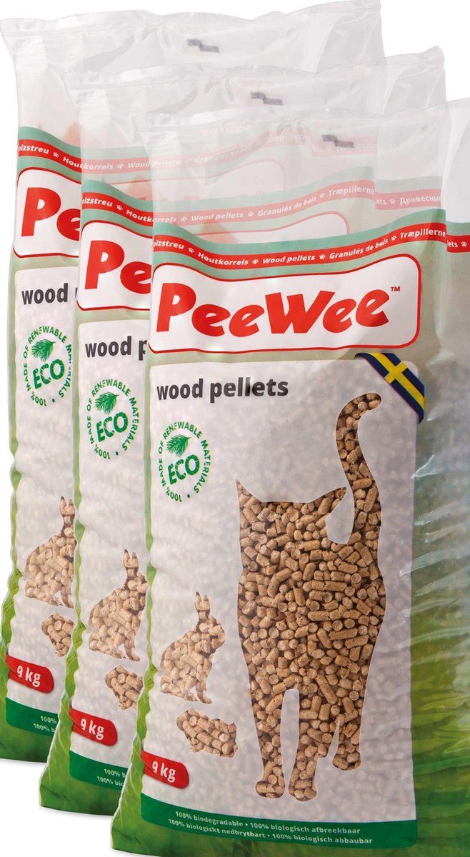 Miniatuur van productfoto 3 van Peewee Kattenbakvulling - Houtkorrels - 3 x 9 kg - 42 L