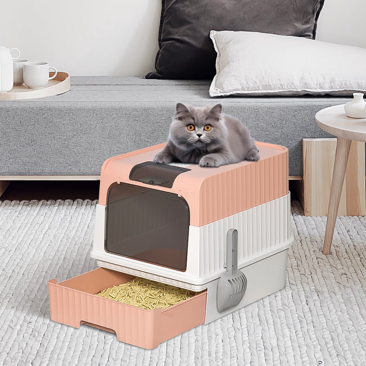 Miniatuur van productfoto 6 van PIPIPOXER Kattenbak met deksel Uittrekbare bak Schep 49*37*35 cm-Roze
