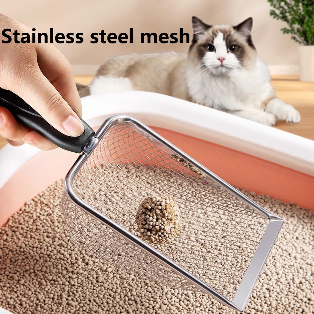 Miniatuur van productfoto 5 van Kattenbakschep - Schep van roestvrij staal - Schep voor reptielenbak - Schep met lange steel - Kattenbakzeef voor reptielen - Scheidt kattenbakvulling van kattenpoep - Geschikt voor katten en reptielen - Zwart