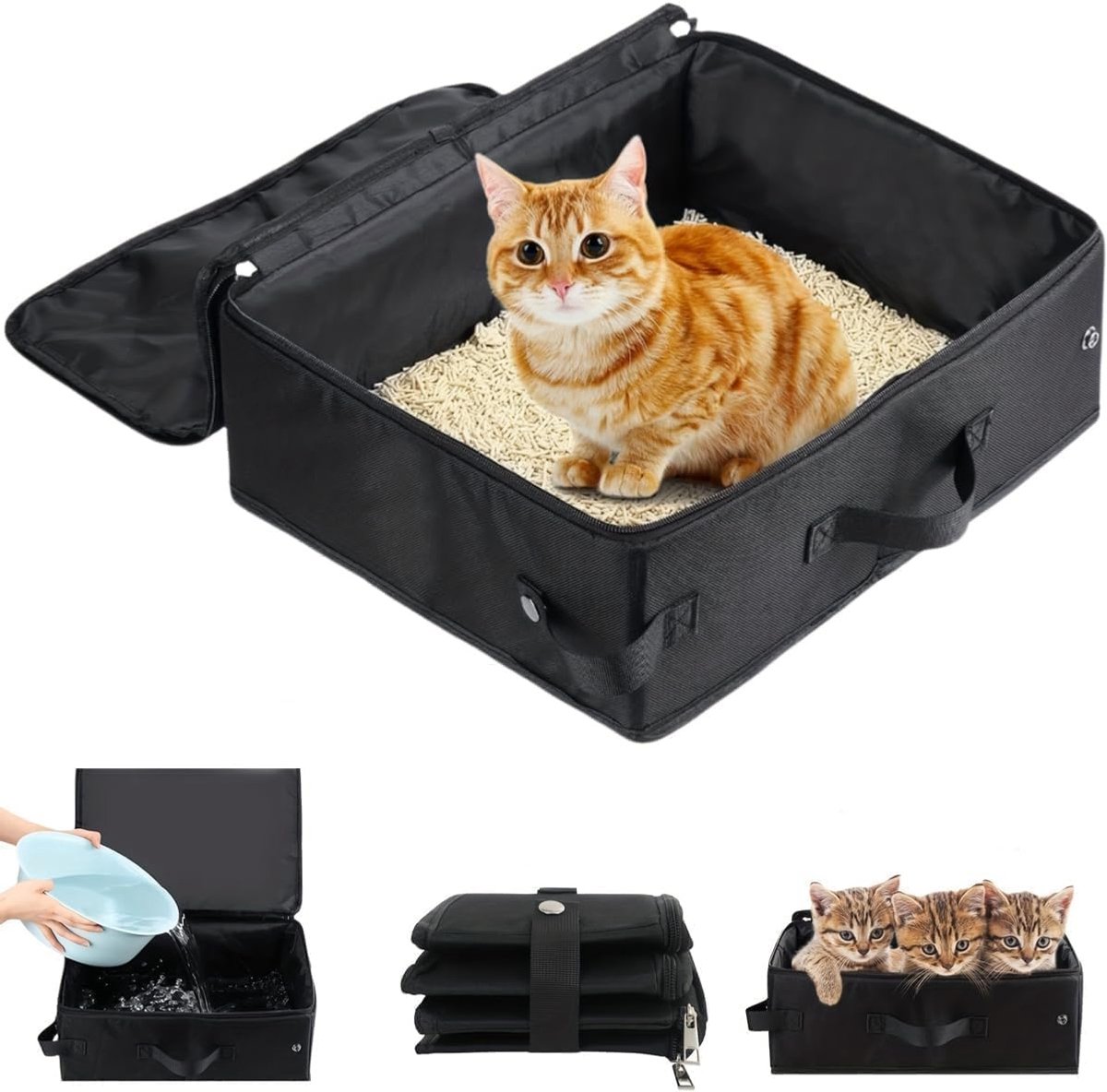 Miniatuur van productfoto 3 van Kattenbak - 40 x 30 cm - Draagbaar - Met deksel - Oxford-stof - Geschikt voor reizen, kamperen, in de auto, binnen- en buitengebruik - Zwart