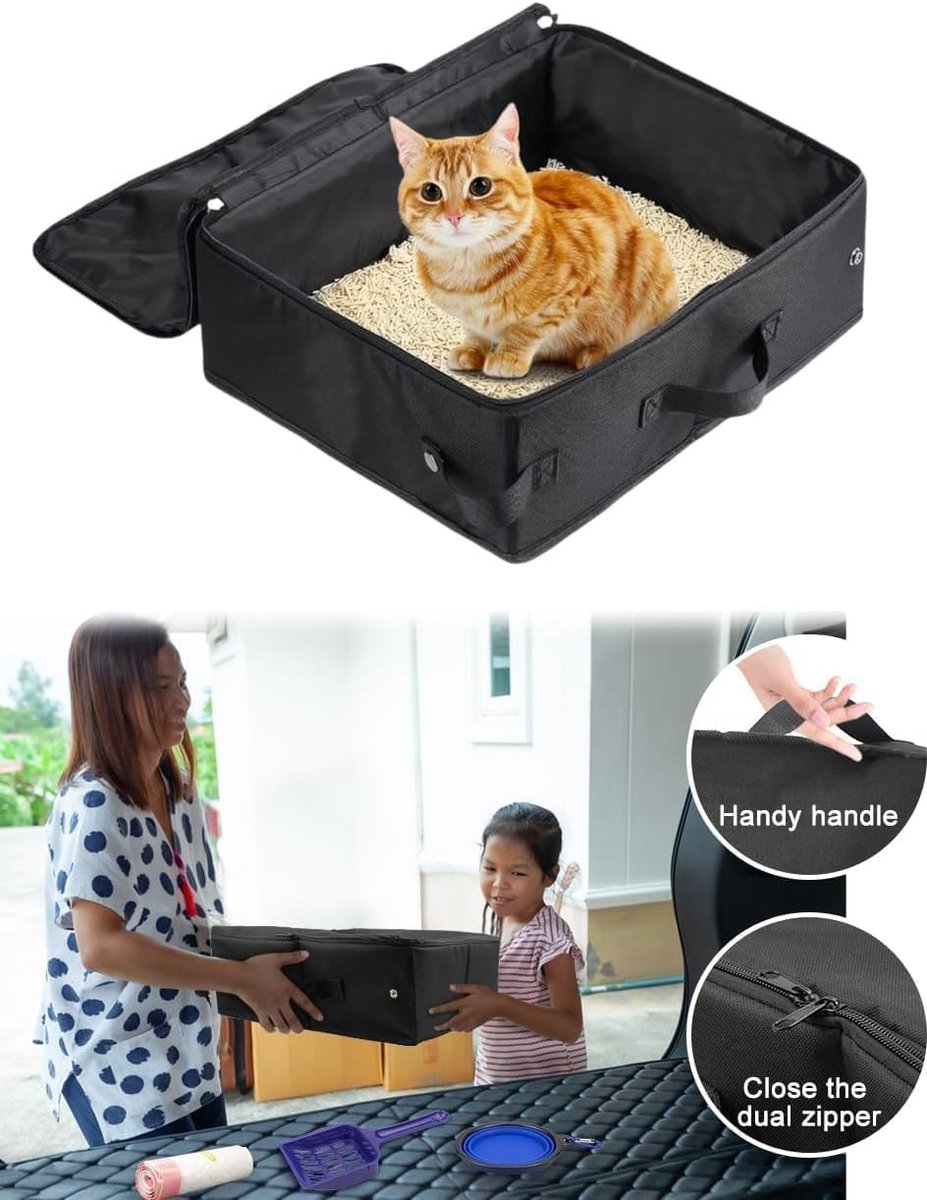 Miniatuur van productfoto 4 van Kattenbak - 40 x 30 cm - Draagbaar - Met deksel - Oxford-stof - Geschikt voor reizen, kamperen, in de auto, binnen- en buitengebruik - Zwart