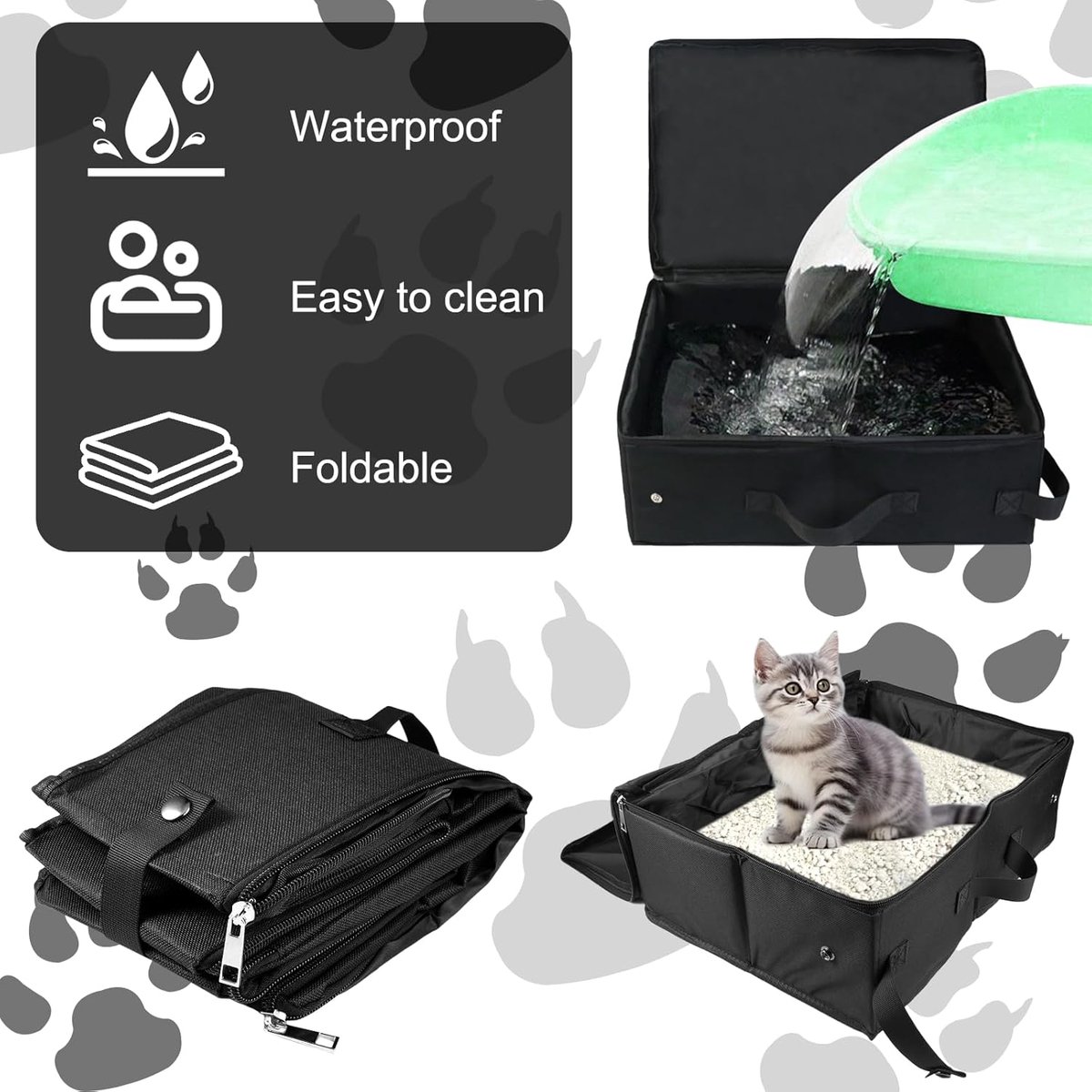Miniatuur van productfoto 2 van Draagbare kattenbak - met deksel - opvouwbaar - 40x30cm - waterdicht - reiskattenbak - opvouwbaar - geschikt voor kamperen, gebruik in de auto, binnen- en buitengebruik - zwart