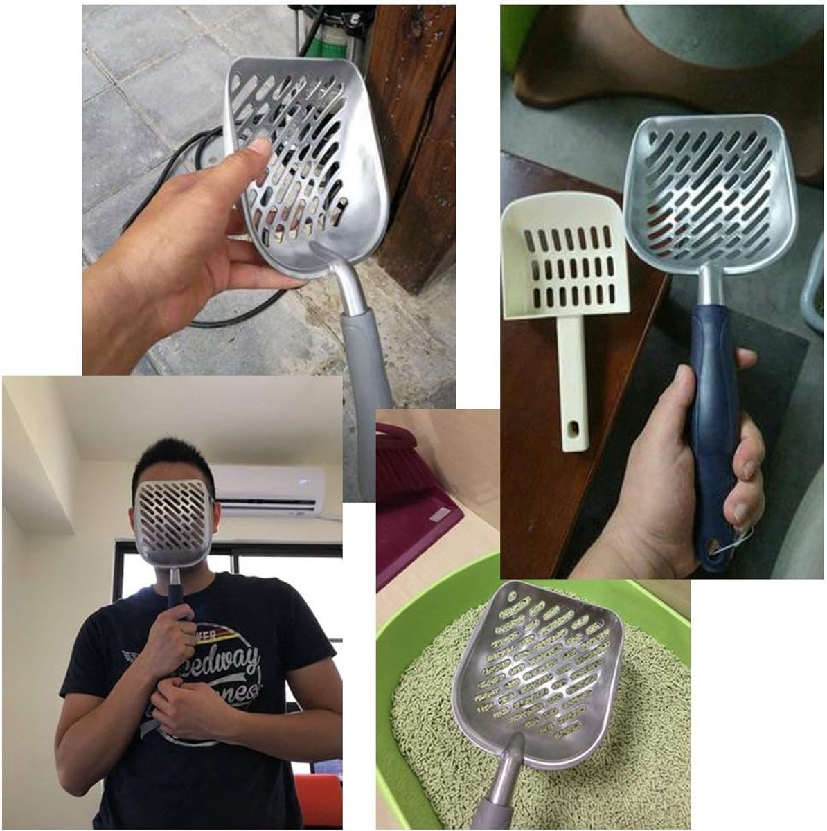 Miniatuur van productfoto 2 van Antiaanbak metalen kattenbakschep met lange steel, stevige diepe schep van aluminiumlegering, schep voor kittens met gaten, duurzame kattenbakschep met poepzeef (donkere kleur)