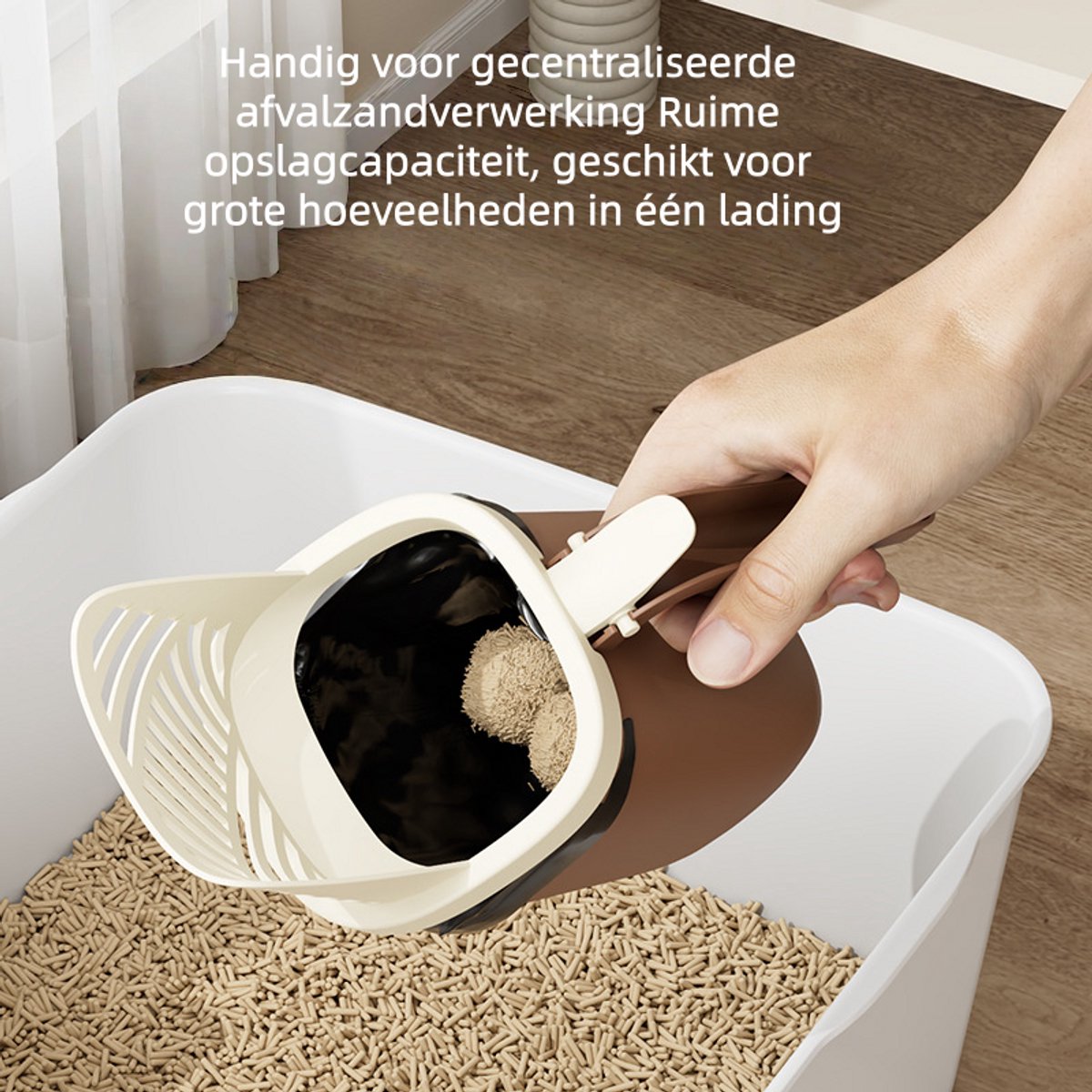 Miniatuur van productfoto 3 van 1 stuk - Kattenbakschep - met afvalbakje - multifunctioneel - met zeef - grote inhoud - hygiënisch - schoonmaakgereedschap - bruin