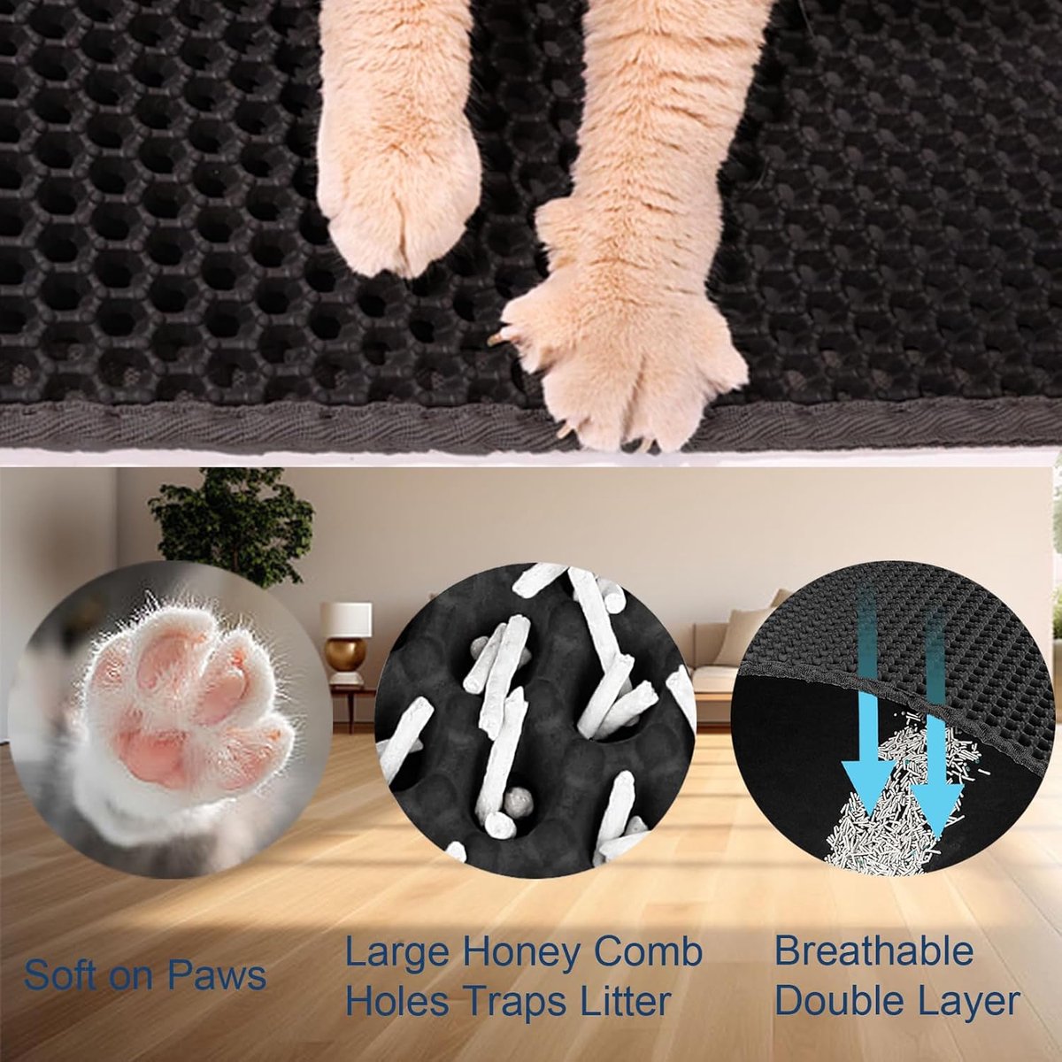 Miniatuur van productfoto 3 van Kattenbakmat - 40 x 50 cm - Waterdicht - Dubbele laag - Honingraatstructuur - Uitloopmat - Placemat Kat - Schoonloopmat Kattenbak - Kattenbak Accessoires - Katten Grit Opvanger - Katten Mat