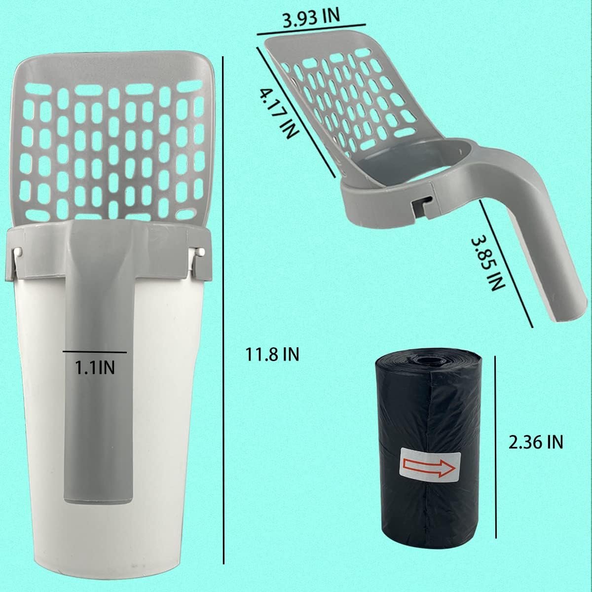 Productfoto 1 van Kattenbakschep - Met Opvangbak - Wordt geleverd met vuilniszak - Bevat 5 rollen opvangzakken - Vangt Onlasting Op - Kattenbakvulling Reinigen - Draagbare kattenbakemmer - Kattenbakschep - Geschikt voor dagelijkse reiniging - 13.5 *23.5 cm