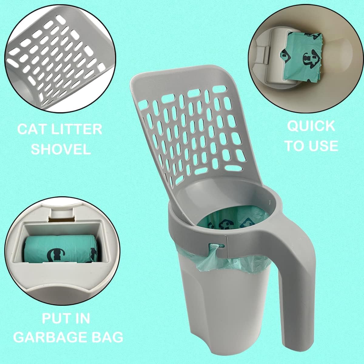 Miniatuur van productfoto 3 van Kattenbakschep - Met Opvangbak - Wordt geleverd met vuilniszak - Bevat 5 rollen opvangzakken - Vangt Onlasting Op - Kattenbakvulling Reinigen - Draagbare kattenbakemmer - Kattenbakschep - Geschikt voor dagelijkse reiniging - 13.5 *23.5 cm