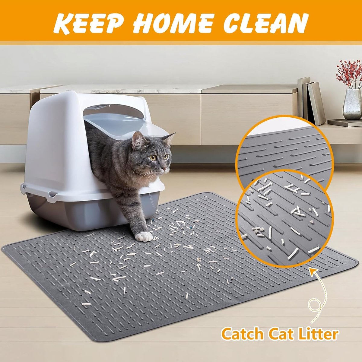 Miniatuur van productfoto 4 van Kattenbakmat - kattenbak mat - Kattenbakmat met waterdichte opstaande randen - 71 x 50 cm - Siliconen kattenbakmat - Grijs