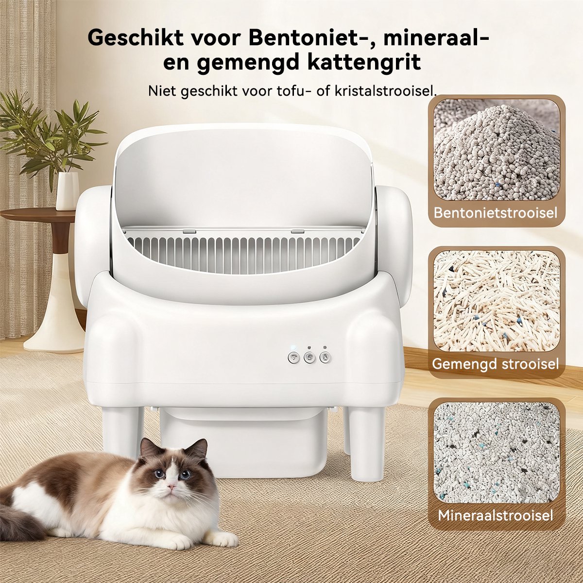 Miniatuur van productfoto 3 van Automatische Kattenbak XXL- 76L - Zelfreinigend – Electrische Kattenbak - Bedienen via App - incl stekkeradapter en 3 rollen opvangzakjes - Incl. Kattenbakmat - Wit
