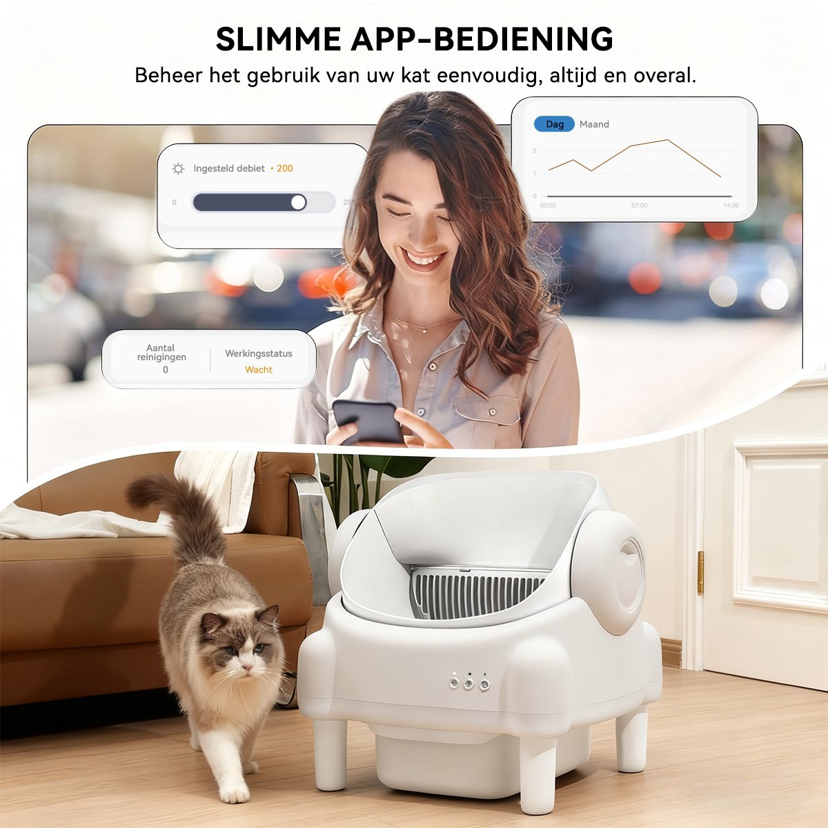 Miniatuur van productfoto 5 van Zelfreinigende Kattenbak - Grote Capaciteit Automatische Kattenbak -XXL 76L - Electrische Kattenbak - Incl. App-Met Kattenbakmat en 3 rollen opvangzakjes