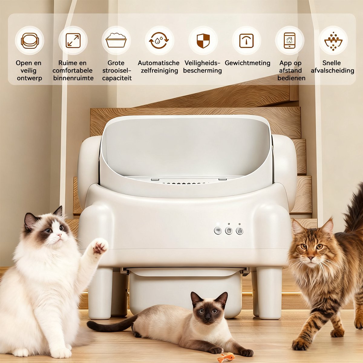 Miniatuur van productfoto 7 van Zelfreinigende Kattenbak - Grote Capaciteit Automatische Kattenbak -XXL 76L - Electrische Kattenbak - Incl. App-Met Kattenbakmat en 3 rollen opvangzakjes