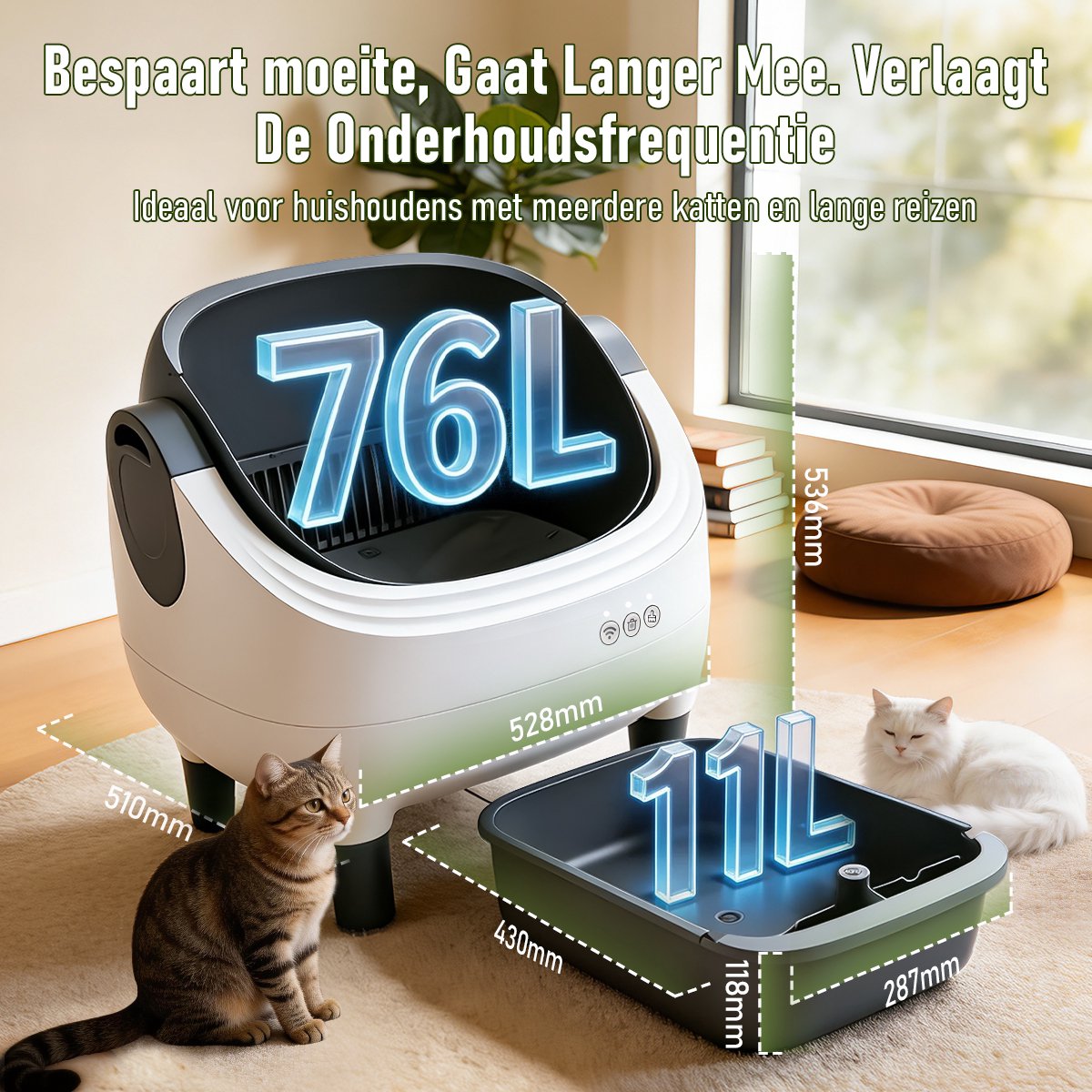 Automatische Kattenbak XXL- 76L - Zelfreinigend – Electrische Kattenbak - Bedienen via App - incl stekkeradapter en 3 rollen opvangzakjes - Incl. Kattenbakmat